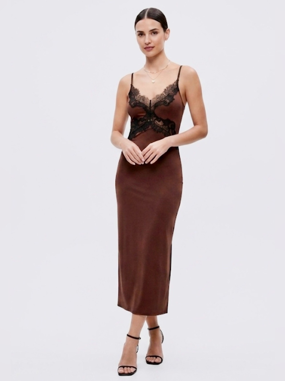 Zara Brown Lace Trim Slip Midi Dress S Whimsigoth Strappy Sheath Back Slit